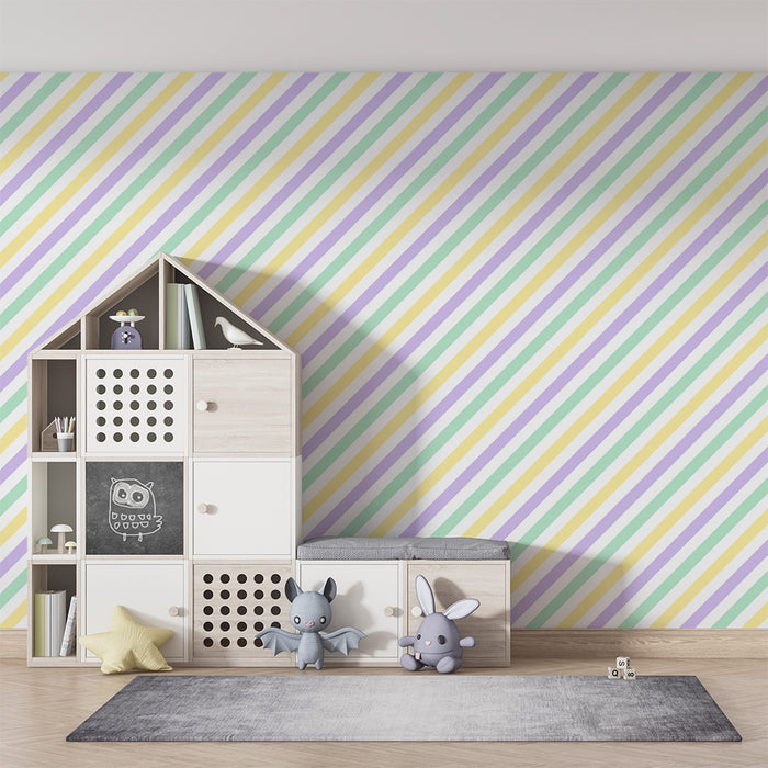 Papier peint chambre bébé | Rayures pastel douces en diagonale