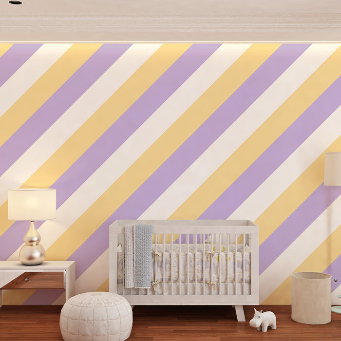 Papier peint chambre bébé | Rayures pastel en jaune et violet pour une ambiance douce