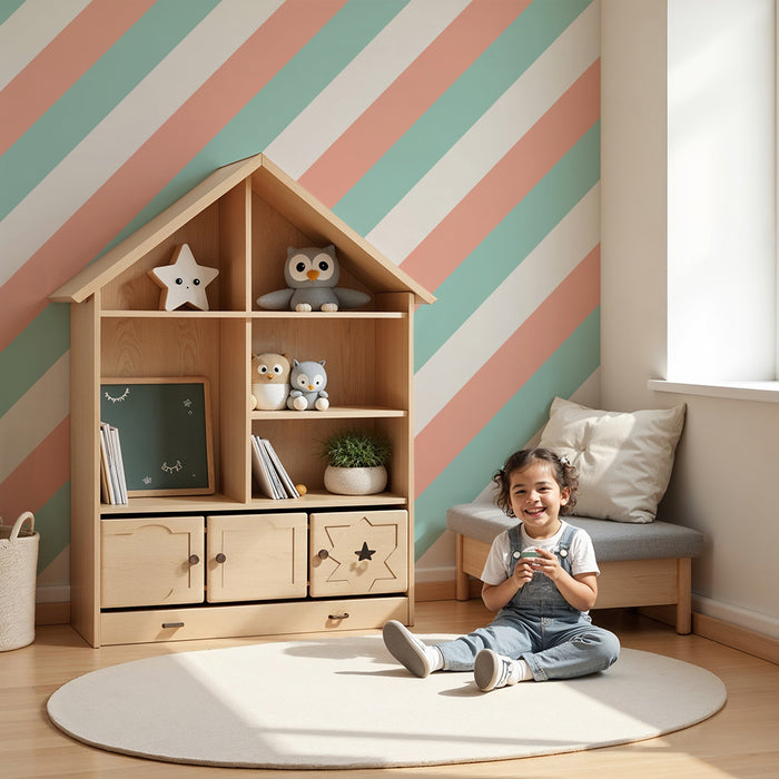Papier peint chambre bébé | Rayures pastel en mint et pêche pour une ambiance douce
