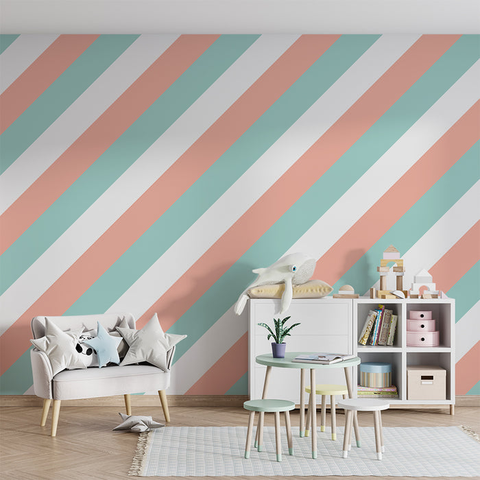 Papier peint chambre bébé | Rayures pastel en mint et pêche pour une ambiance douce