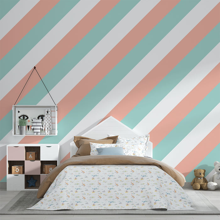 Papier peint chambre bébé | Rayures pastel en mint et pêche pour une ambiance douce
