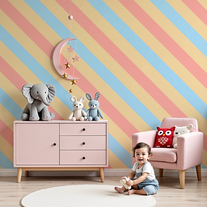 Papier peint chambre bébé | Rayures pastel en rose, bleu et beige