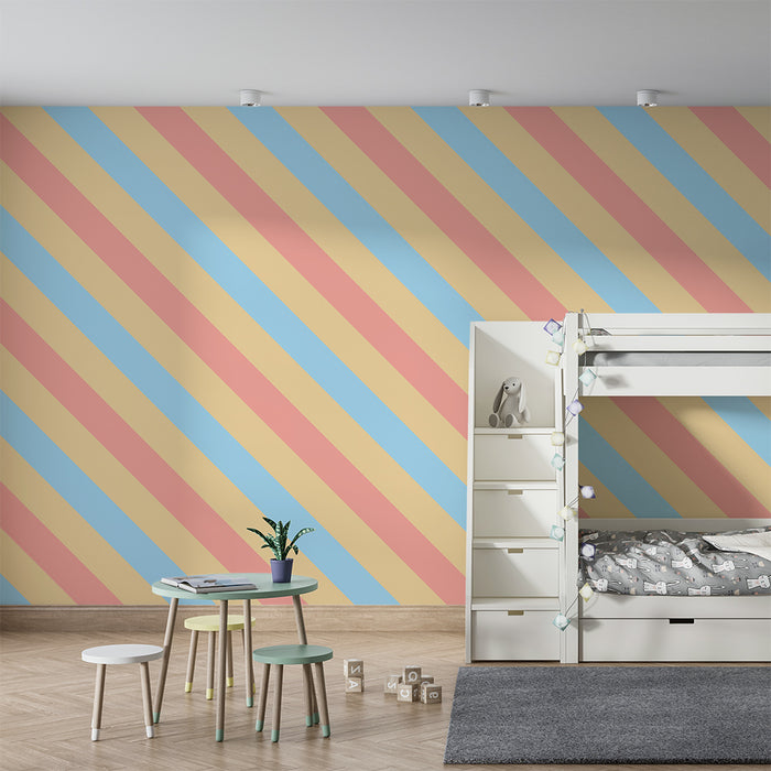 Papier peint chambre bébé | Rayures pastel en rose, bleu et beige