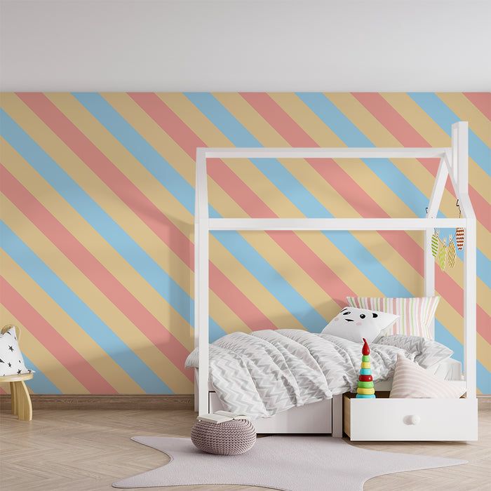 Papier peint chambre bébé | Rayures pastel en rose, bleu et beige