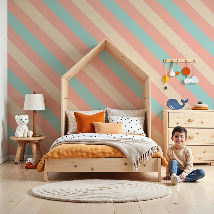 Papier peint chambre bébé | Rayures pastel en rose et bleu