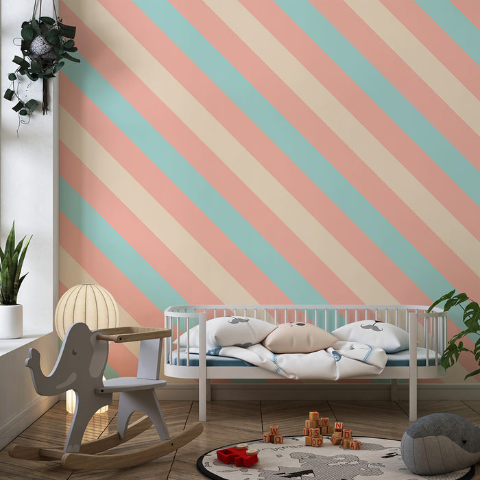 Papier peint chambre bébé | Rayures pastel en rose et bleu
