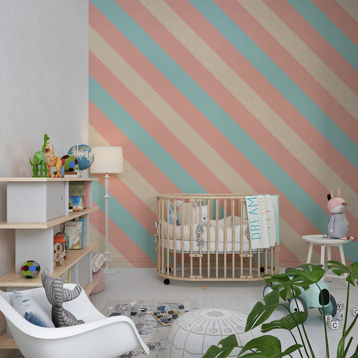 Papier peint chambre bébé | Rayures pastel en rose et bleu
