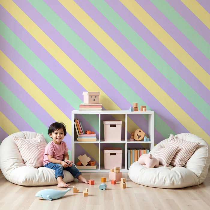 Papier peint chambre bébé | Rayures pastel en violet, vert et jaune
