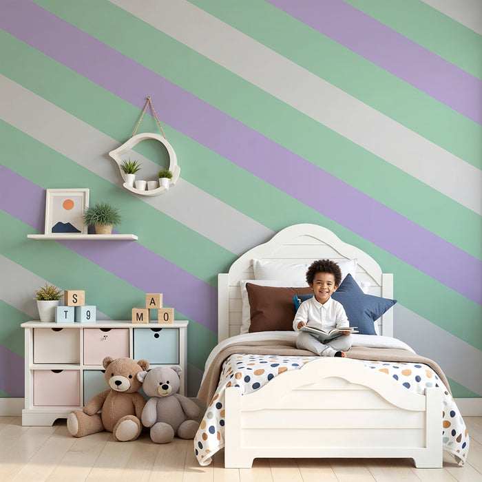 Papier peint chambre bébé | Rayures pastel vertes et lavande pour une ambiance douce