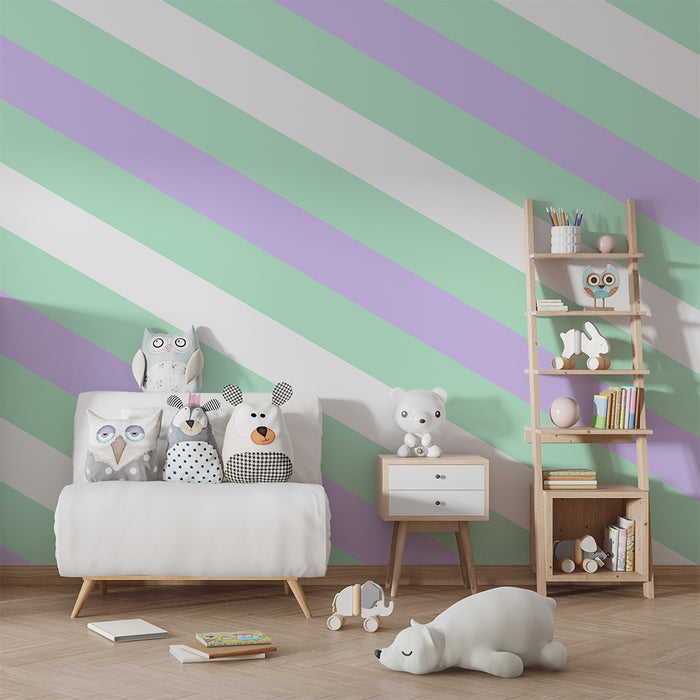 Papier peint chambre bébé | Rayures pastel vertes et lavande pour une ambiance douce