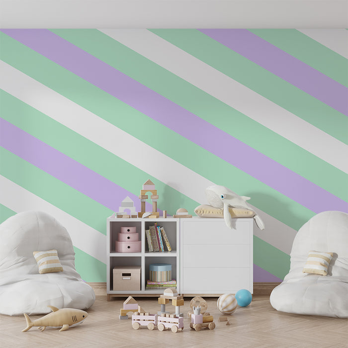 Papier peint chambre bébé | Rayures pastel vertes et lavande pour une ambiance douce