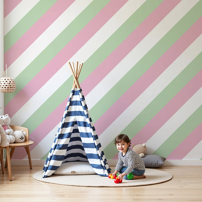 Papier peint chambre bébé | Rayures rose et vert pastel dans un esprit doux