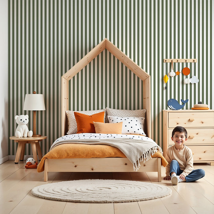 Papier peint chambre bébé | Rayures vertes et blanches élégantes