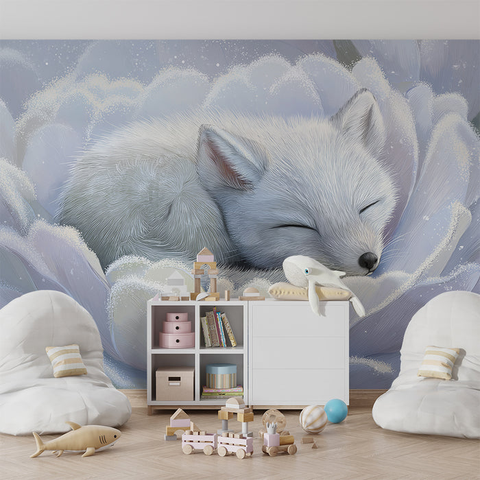 Nursery room wallpaper | Sleeping white fox in a delicate flower