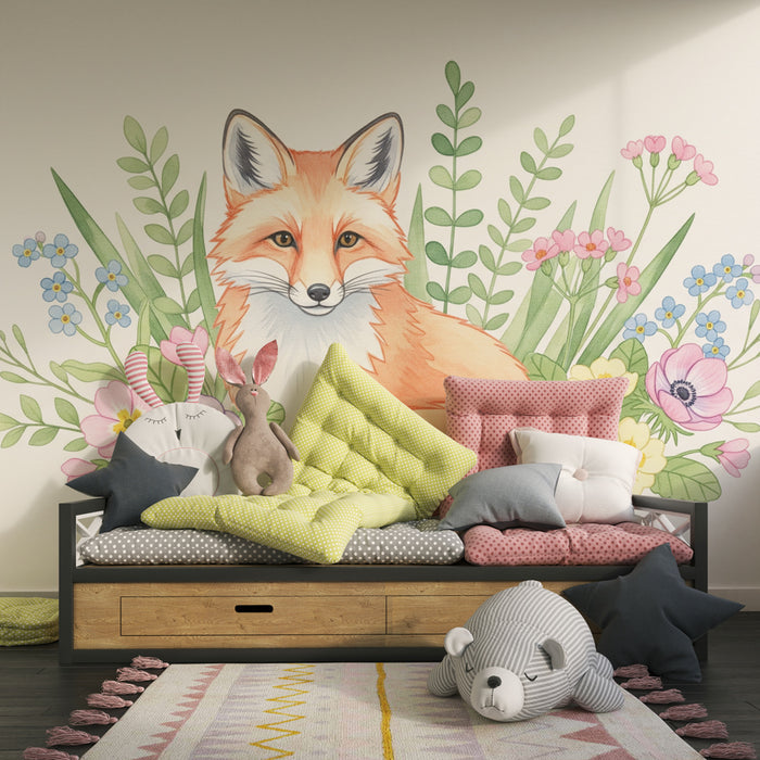 Barntapet | Charmig räv och färgglada blommor
