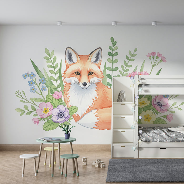 Barntapet | Charmig räv och färgglada blommor