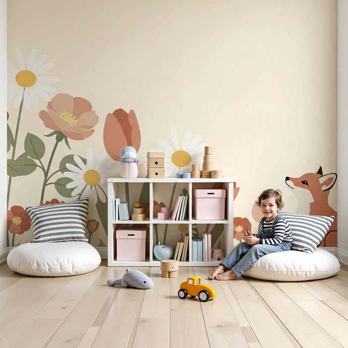 Lastenhuoneen tapetti | Utelias kettu kukkien keskellä