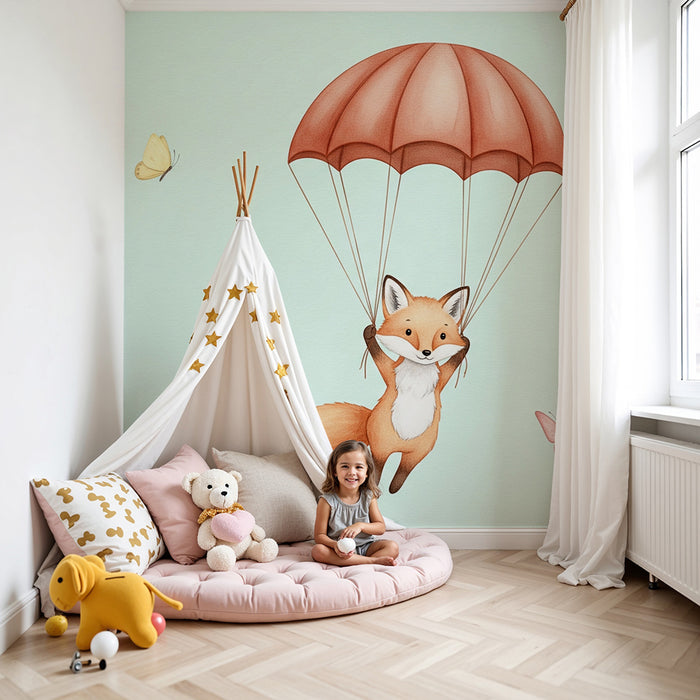 Papier peint chambre bébé | Renard dans les nuages et papillons colorés