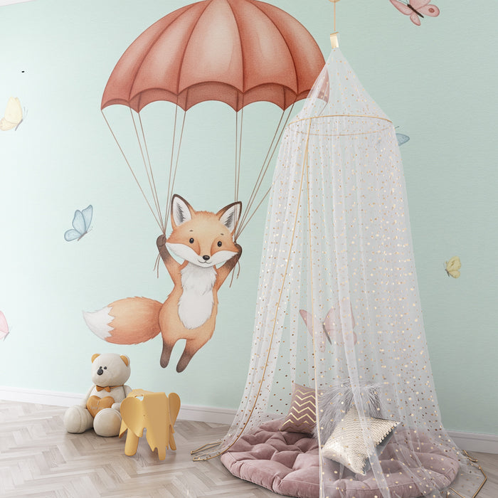 Papier peint chambre bébé | Renard dans les nuages et papillons colorés
