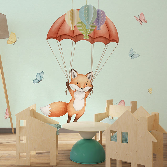 Papier peint chambre bébé | Renard dans les nuages et papillons colorés