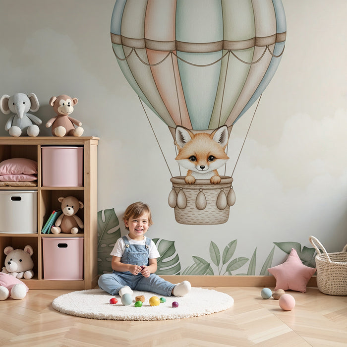 Papier peint chambre bébé | Renard dans un ballon dirigeable