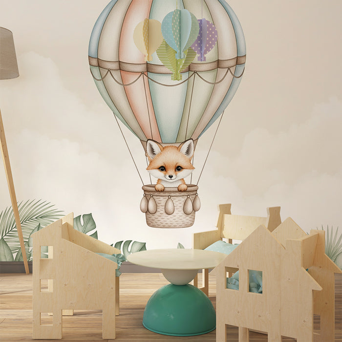 Papier peint chambre bébé | Renard dans un ballon dirigeable