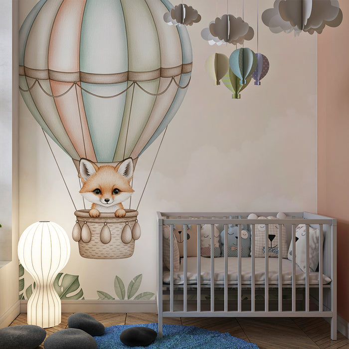 Papier peint chambre bébé | Renard dans un ballon dirigeable