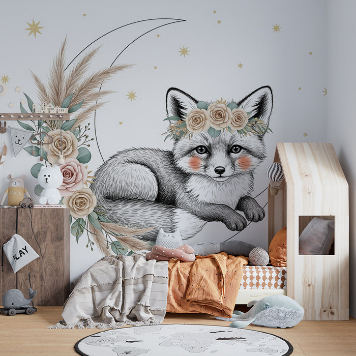 Papel de parede quarto bebê | Delicado raposa sob a lua