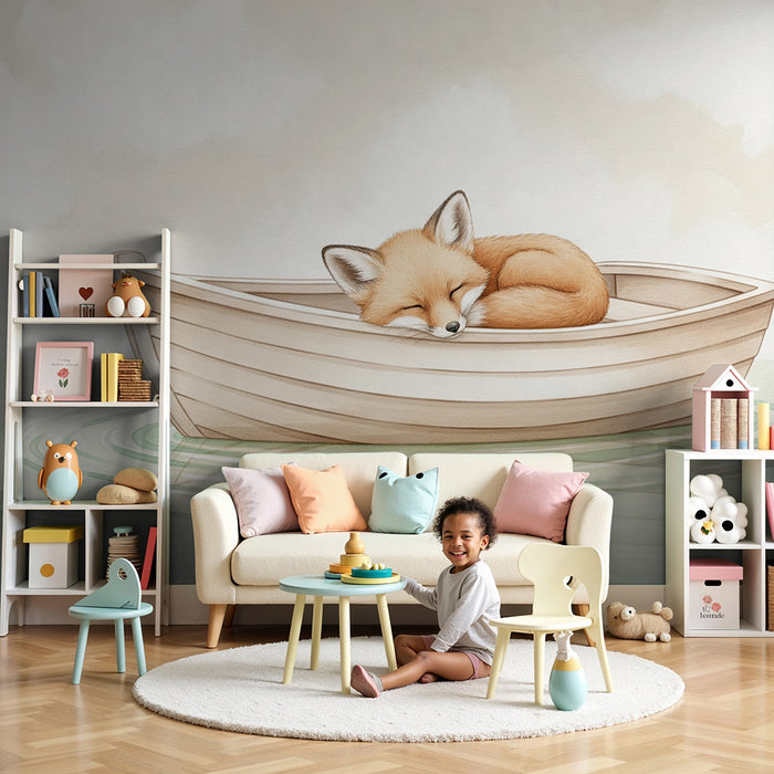 Papier peint chambre bébé | Renard endormi dans un bateau