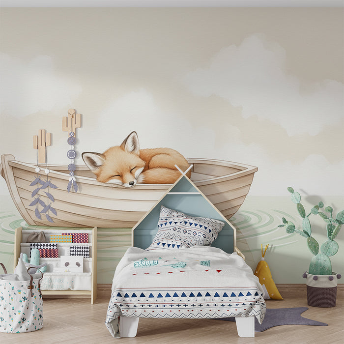 Papier peint chambre bébé | Renard endormi dans un bateau