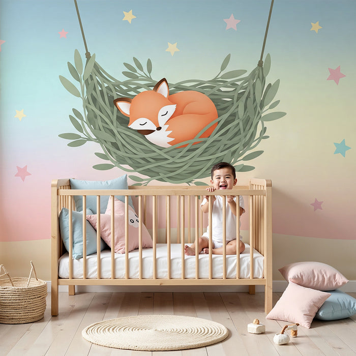 Papier peint chambre bébé | Renard endormi dans un nid douillet