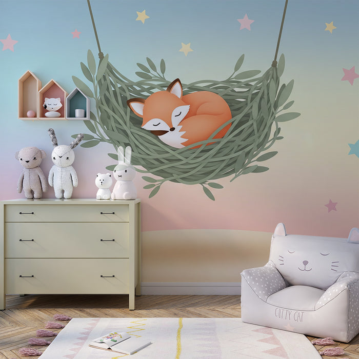 Papier peint chambre bébé | Renard endormi dans un nid douillet