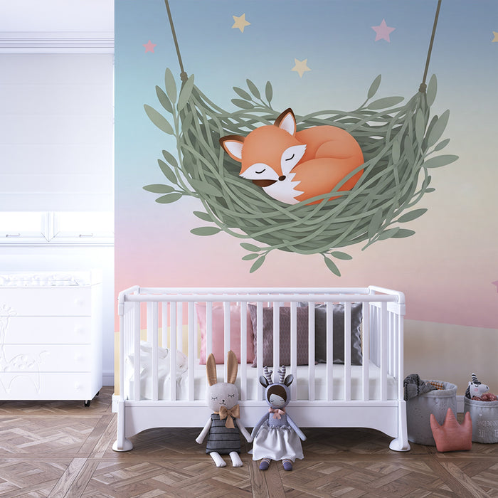 Papier peint chambre bébé | Renard endormi dans un nid douillet