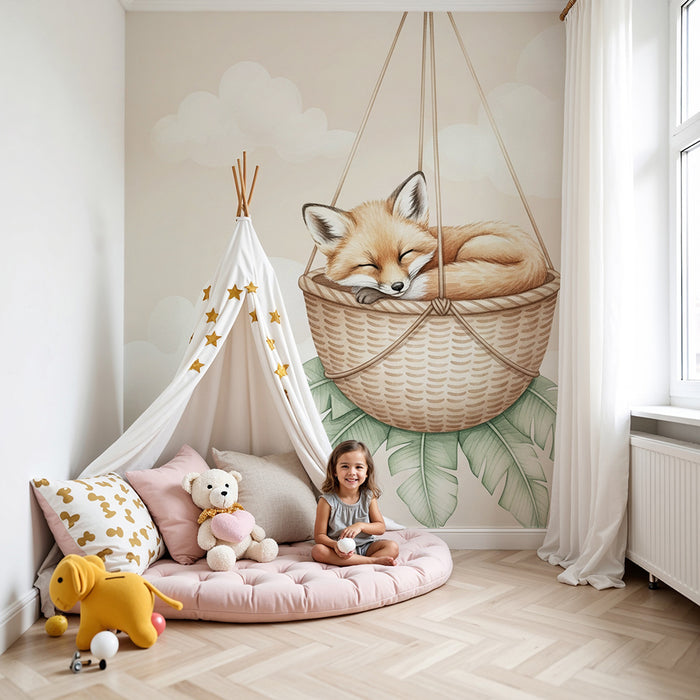 Papier peint chambre bébé | Renard endormi dans un panier