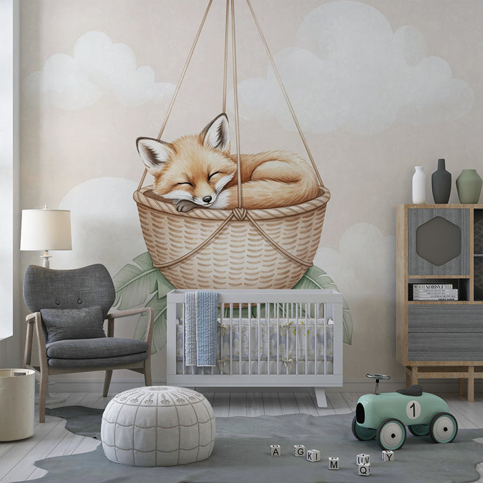 Papier peint chambre bébé | Renard endormi dans un panier