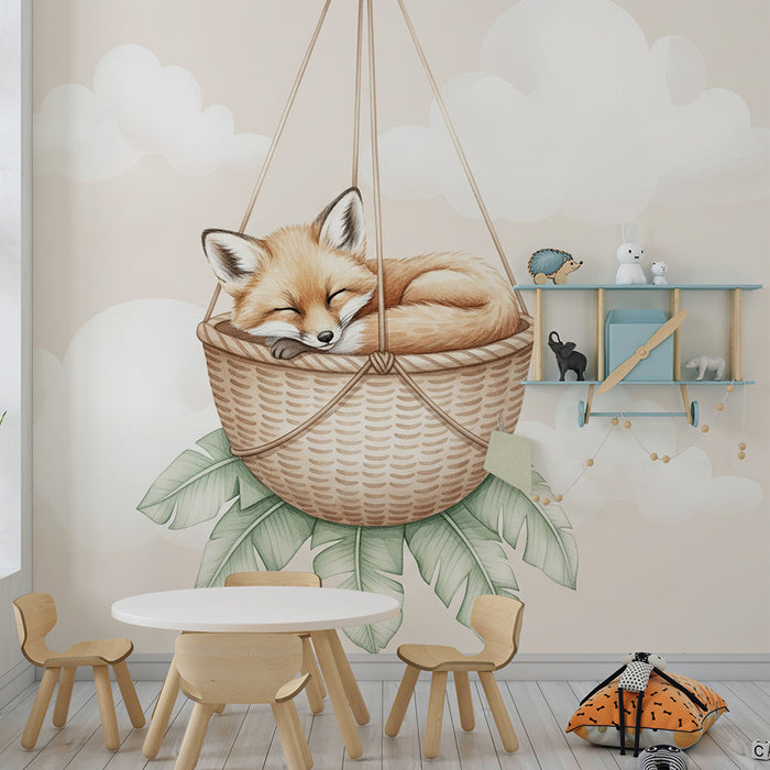 Papier peint chambre bébé | Renard endormi dans un panier