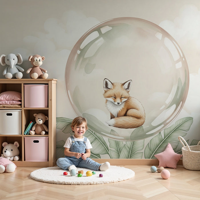 Papier peint chambre bébé | Renard endormi dans une bulle