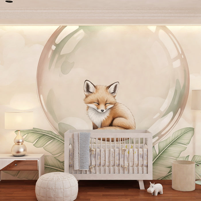 Papier peint chambre bébé | Renard endormi dans une bulle