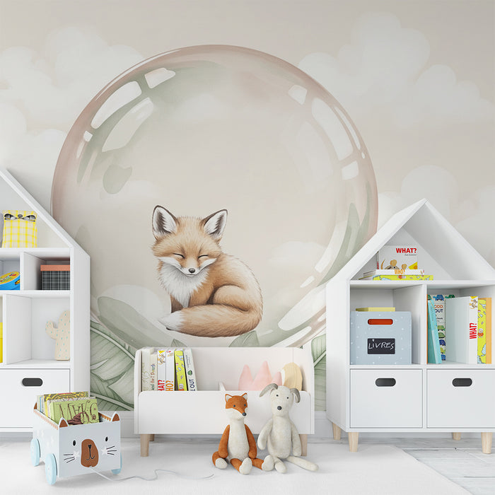 Papier peint chambre bébé | Renard endormi dans une bulle