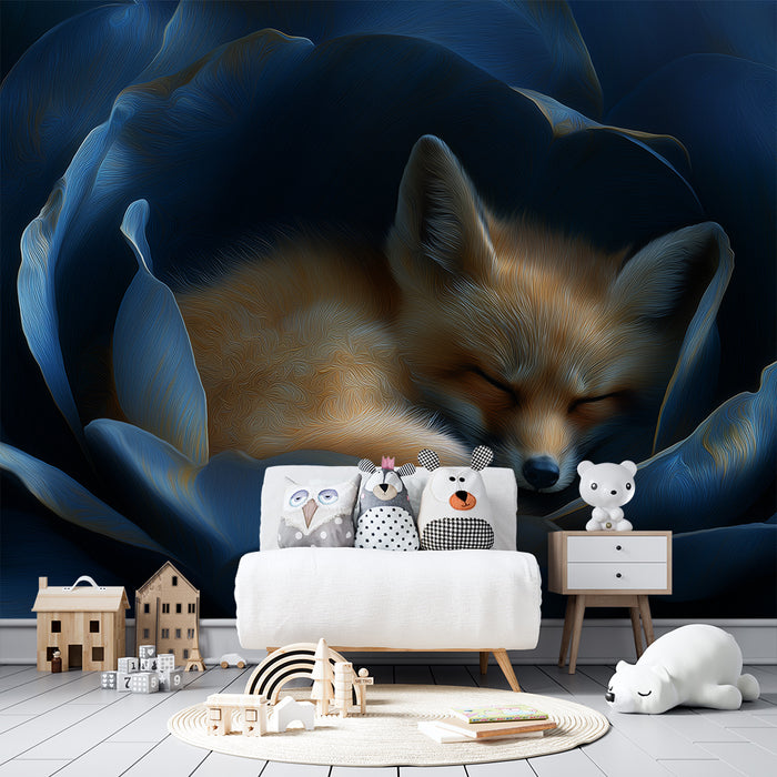 Tapet barnerom | Søvnig rev i en blå blomst