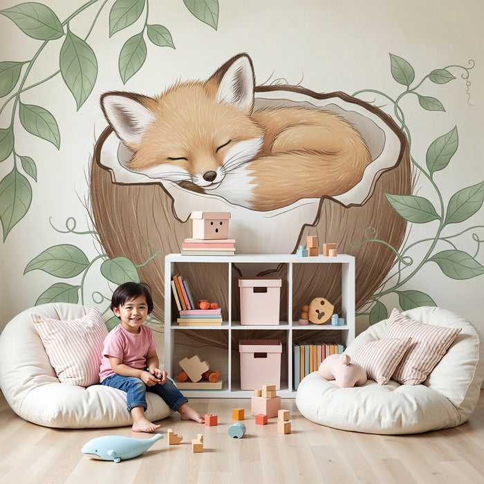 Børneværelse tapet | Sovende ræv i en nød