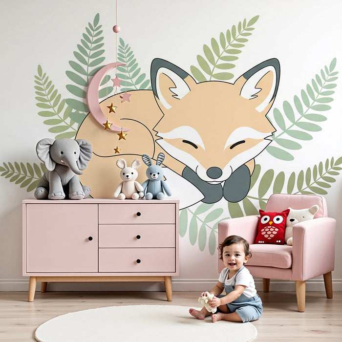 Nursery room wallpaper | Sleeping fox surrounded by delicate foliage