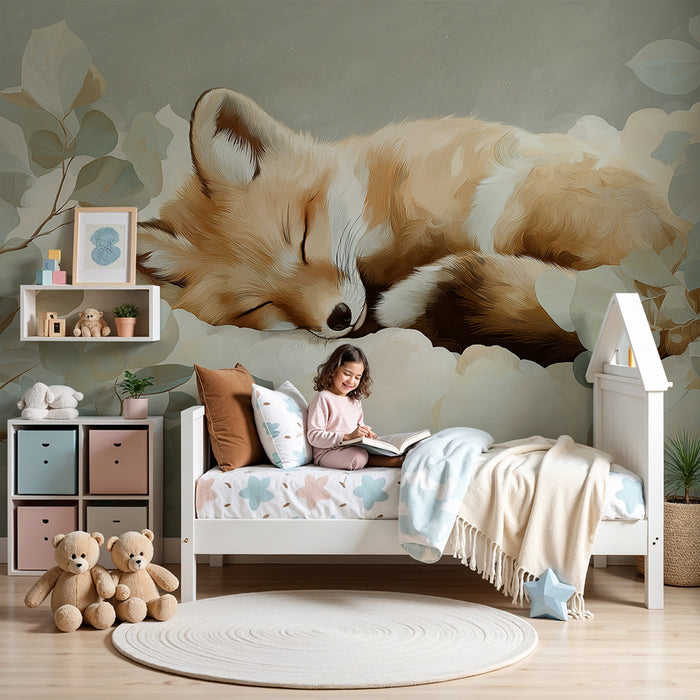 Nursery room wallpaper | Sleeping fox surrounded by soft foliage