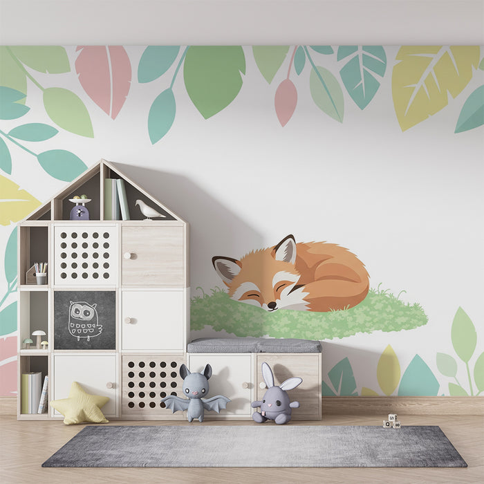 Børneværelse tapet | Sovende ræv omgivet af farverige blade