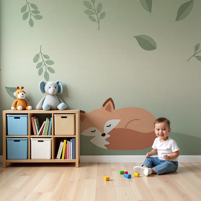 Børneværelse tapet | Sovende ræv omgivet af delikate blade