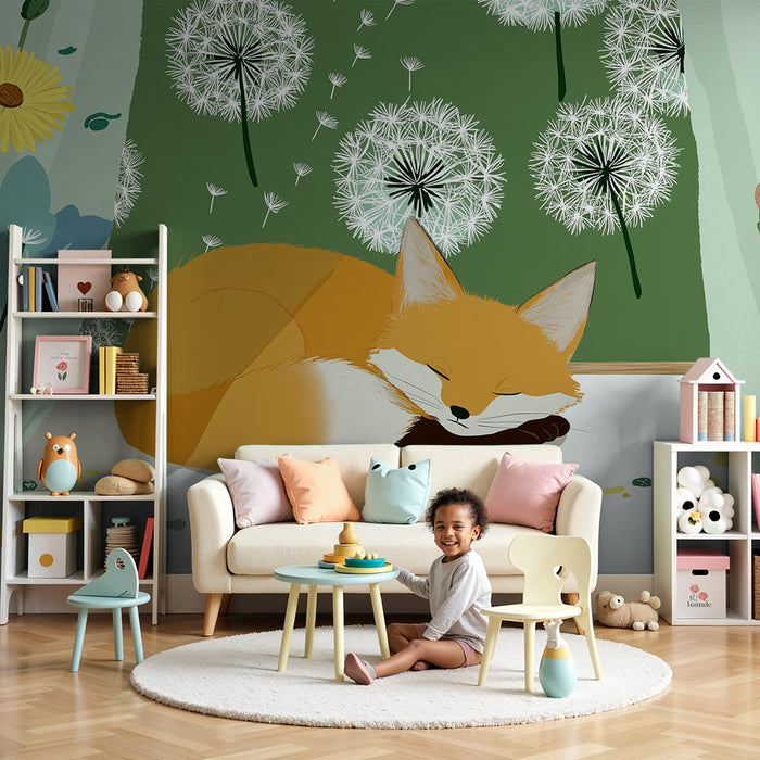 Tapet barnerom | Sovende rev omgitt av blomster og løvetann