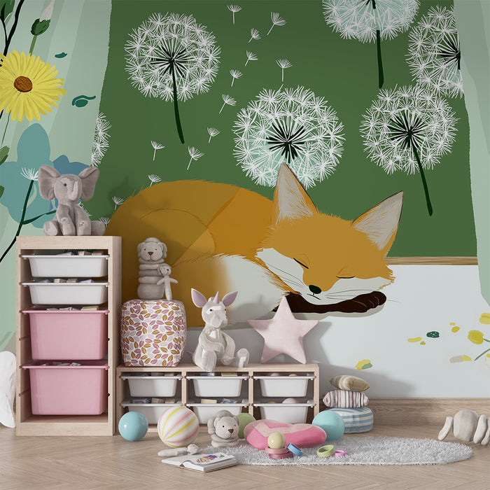 Tapet barnerom | Sovende rev omgitt av blomster og løvetann