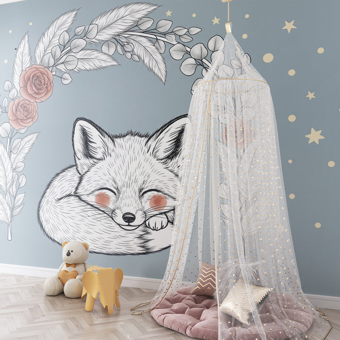 Børneværelse tapet | Søvnig ræv og delikate blomster