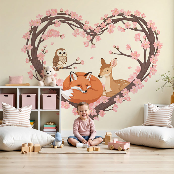 Paberi tapeet beebi tuba | Unine rebane, põhjapõder ja öökull kirsiõite süles