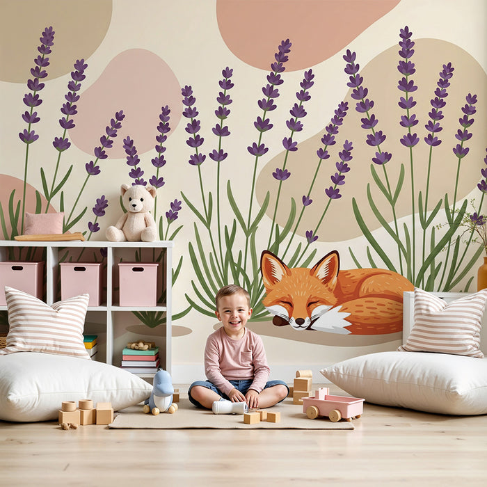 Lastenhuoneen tapetti | Nukkuva kettu laventelien keskellä